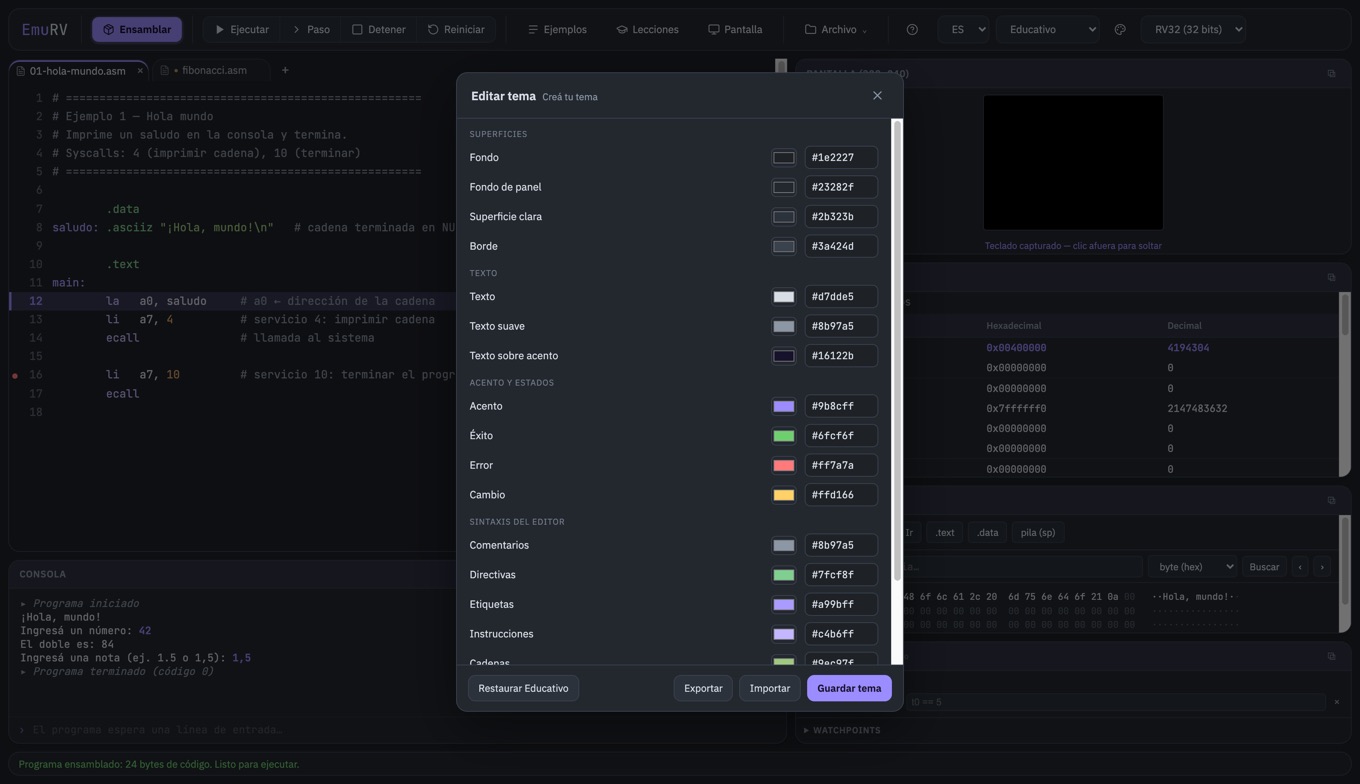 EmuRV theme editor: a colour control per design token, with a live preview and a WCAG AA contrast warning