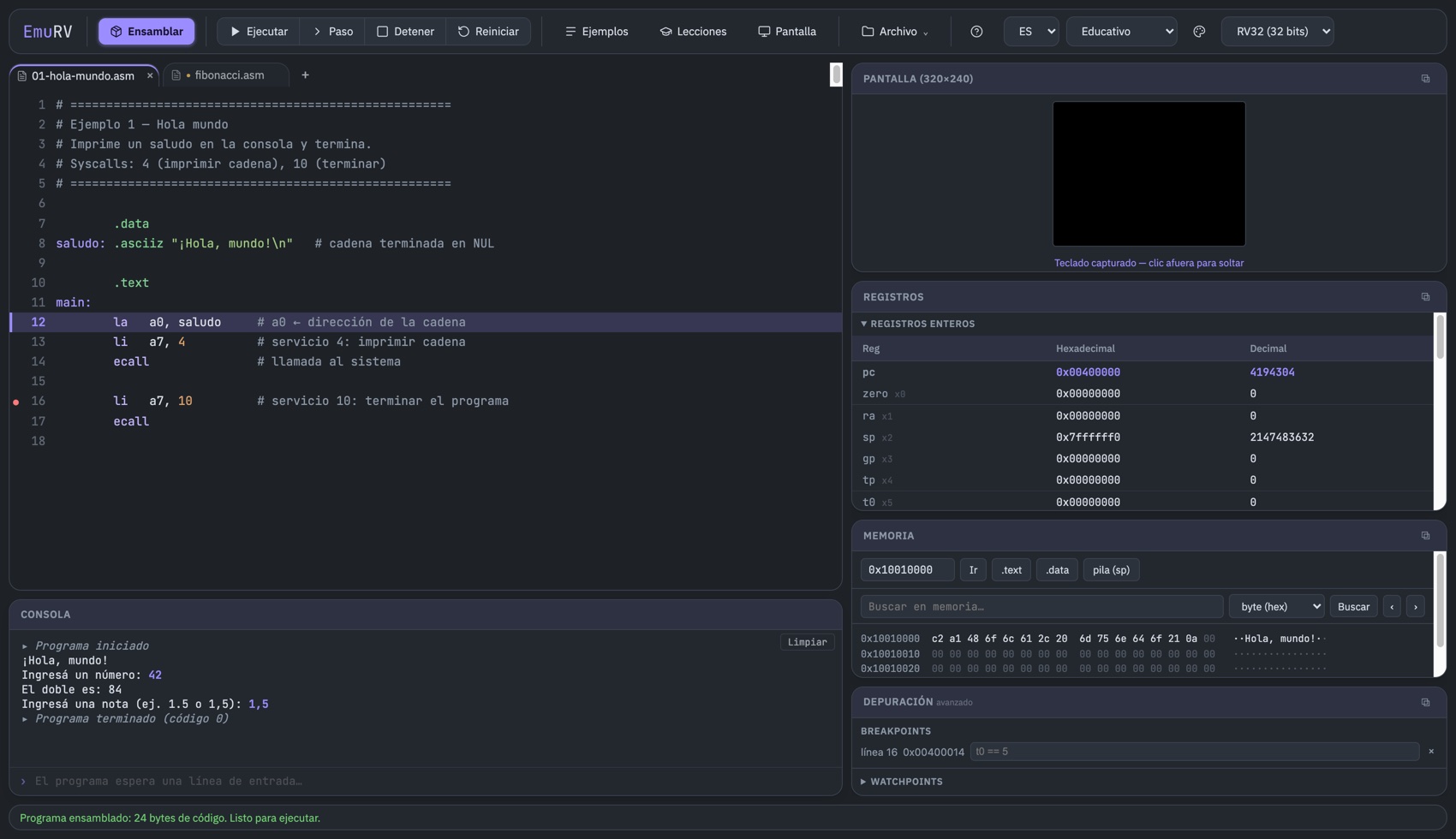 EmuRV main window: toolbar, file tabs, editor with the executing line highlighted and a breakpoint, and the Screen, Registers, Memory and Debug panels, console and status bar