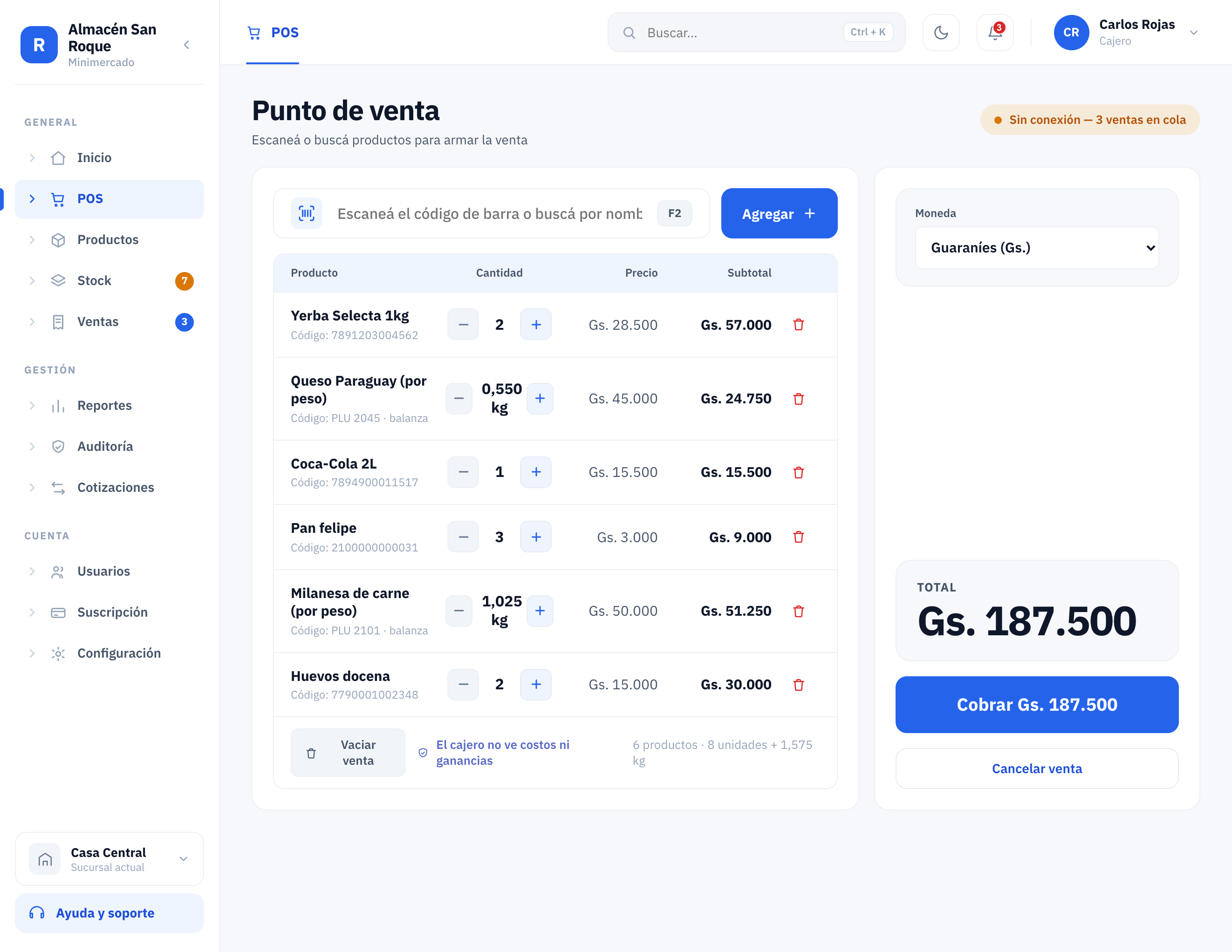 Ryguasu POS: quick-sale screen with a ticket loaded, total in Guaraníes and an offline indicator with queued sales
